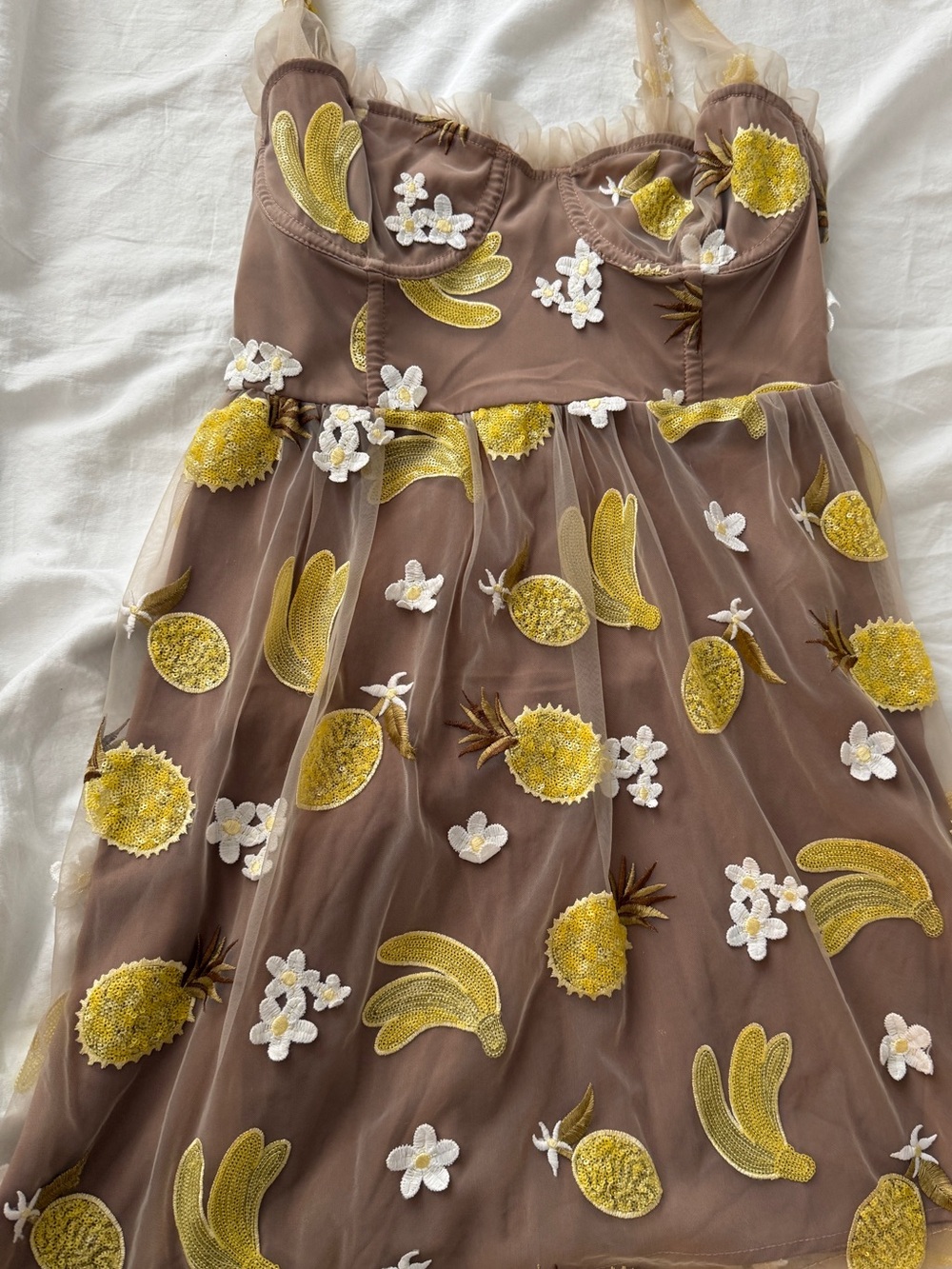 For Love And Lemons Brown Mesh Dress with Yellow Pineapple & Banana Embroidery